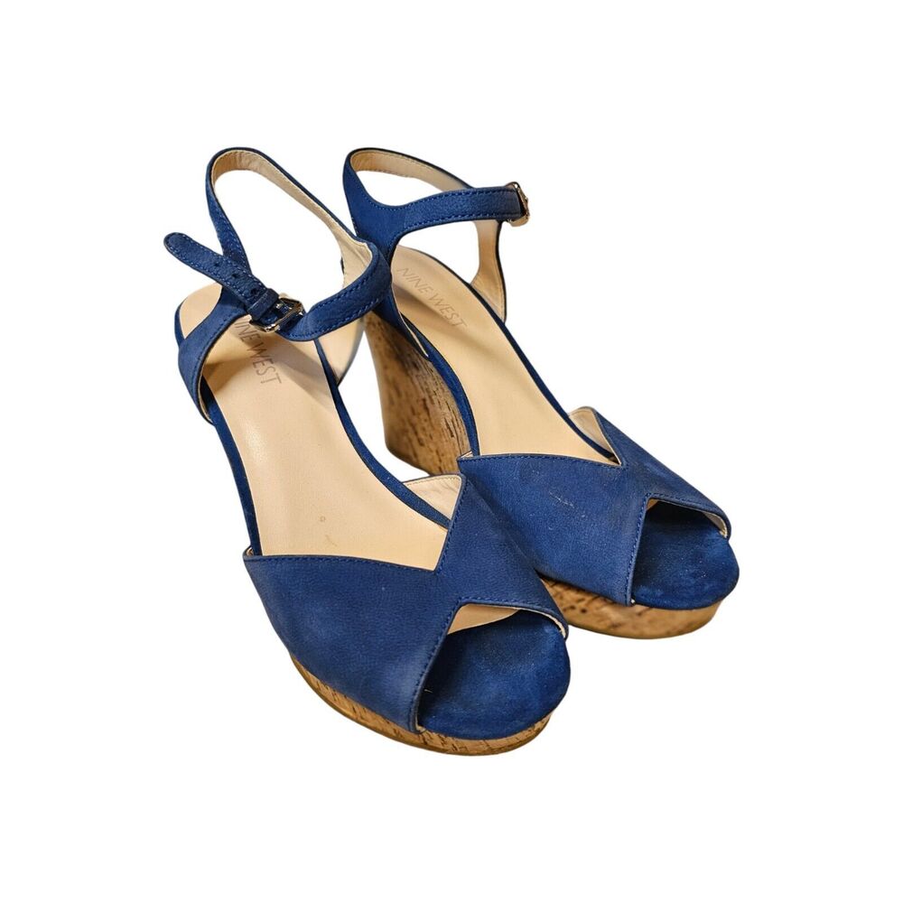 NINE WEST Joker Cork Wedges Hells Sandals Big Easy Blue‎ Leather 5.5M